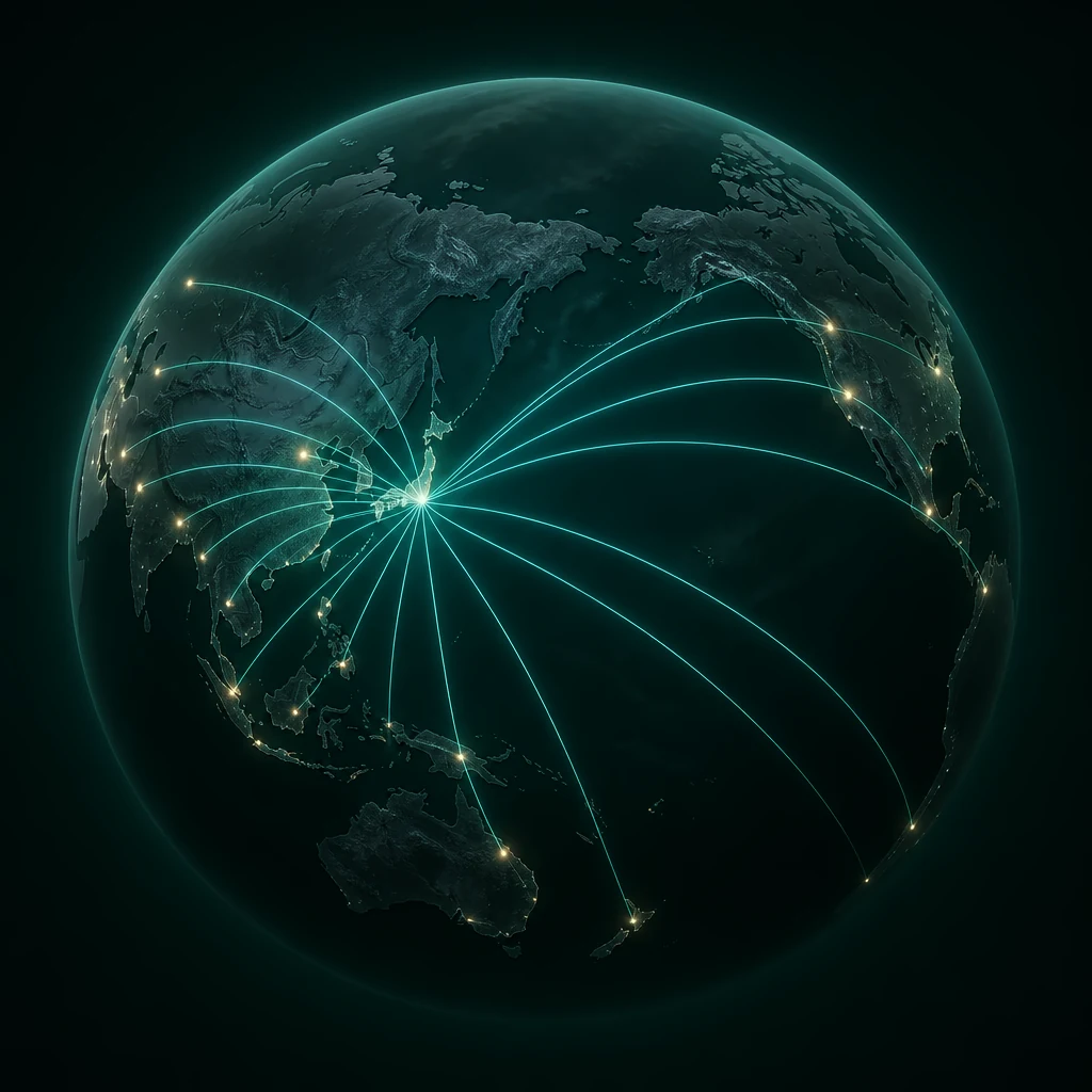 世界からの来訪アークが日本に収束する球体ネットワークのイメージ
